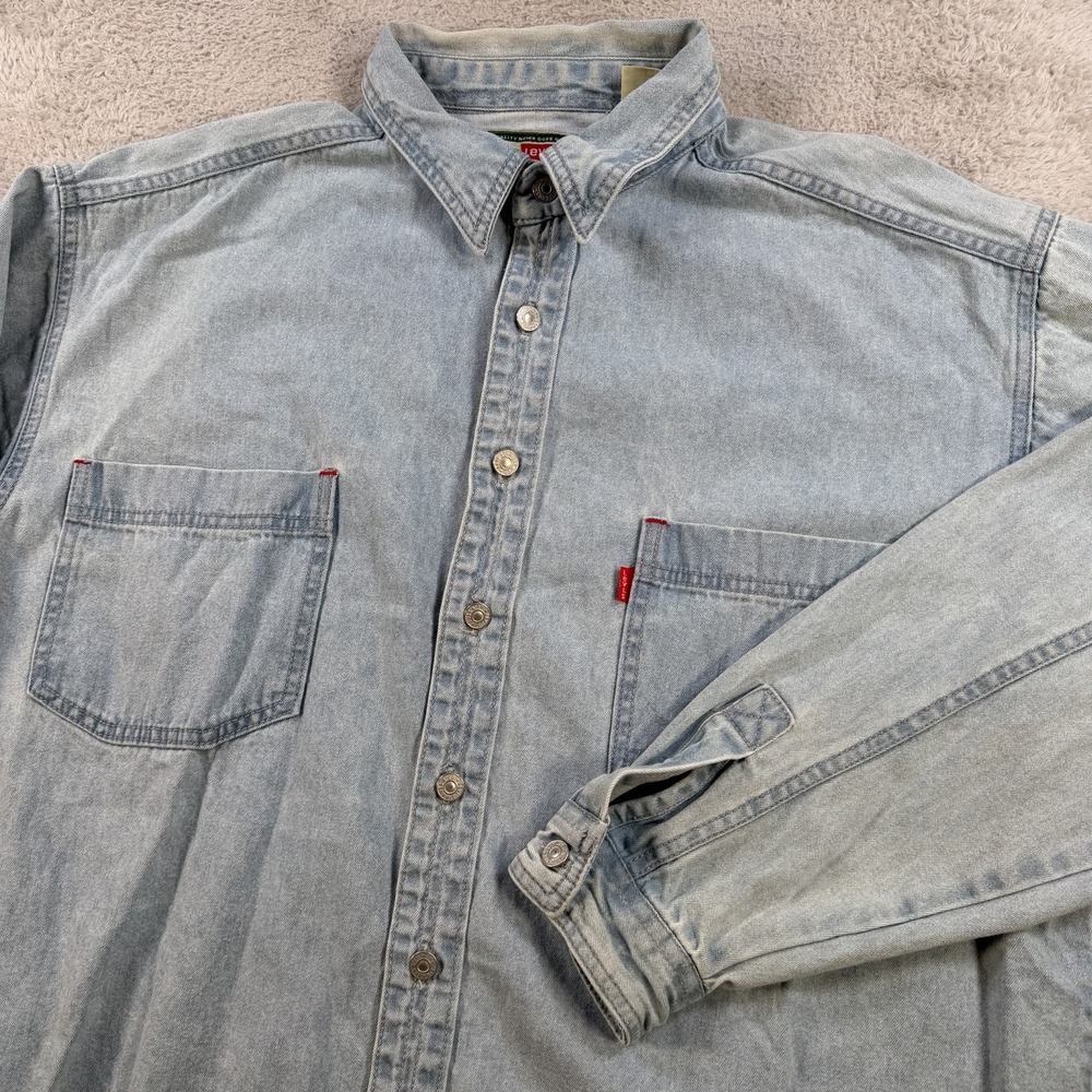 Levis Jeans Shirt Mens Large Blue Denim Metal Button Up Pocket Red Tab